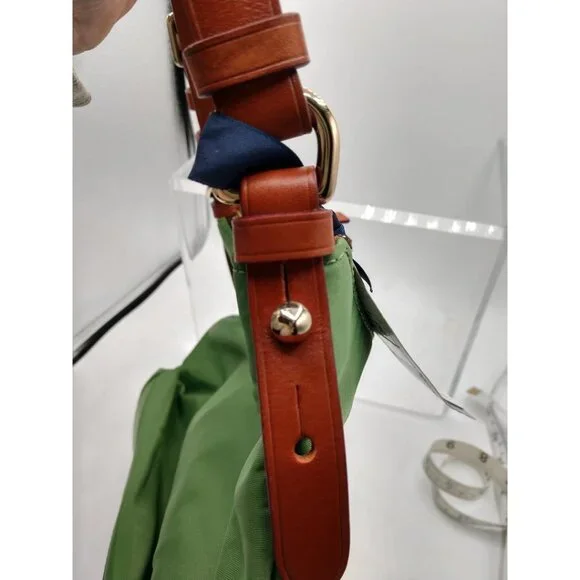 NWT Dooney & Bourke Green Nylon Hobo Shoulder Bag W/ Brown Leather Trim & Zipper